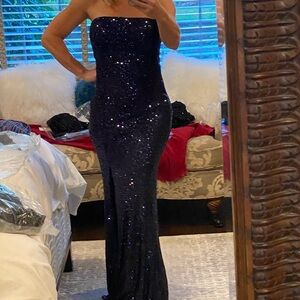 Elegant Strapless Navy Blue Sequin Dress